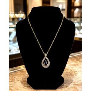 Sterling Silver PAJ Teardrop Pendant Necklace Dark Blue Sapphire Colored Stone